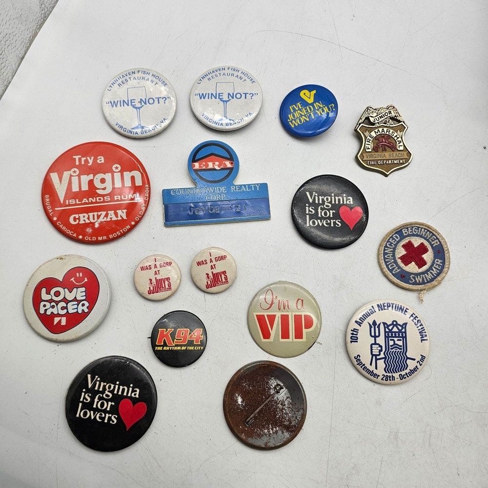 Vintage Virginia Advertising Pinback Buttons Lot VA Beach Cruzan ERA K94 Neptune